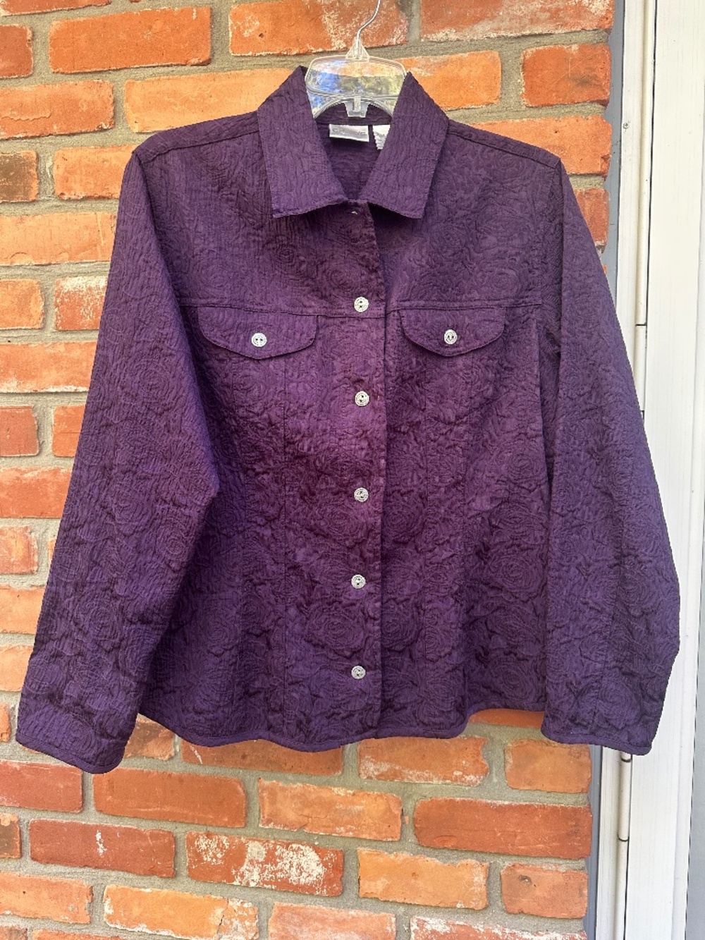 Chico's Deep Purple Embossed Floral Textured Button-Down Shirt Jacket - Size 1